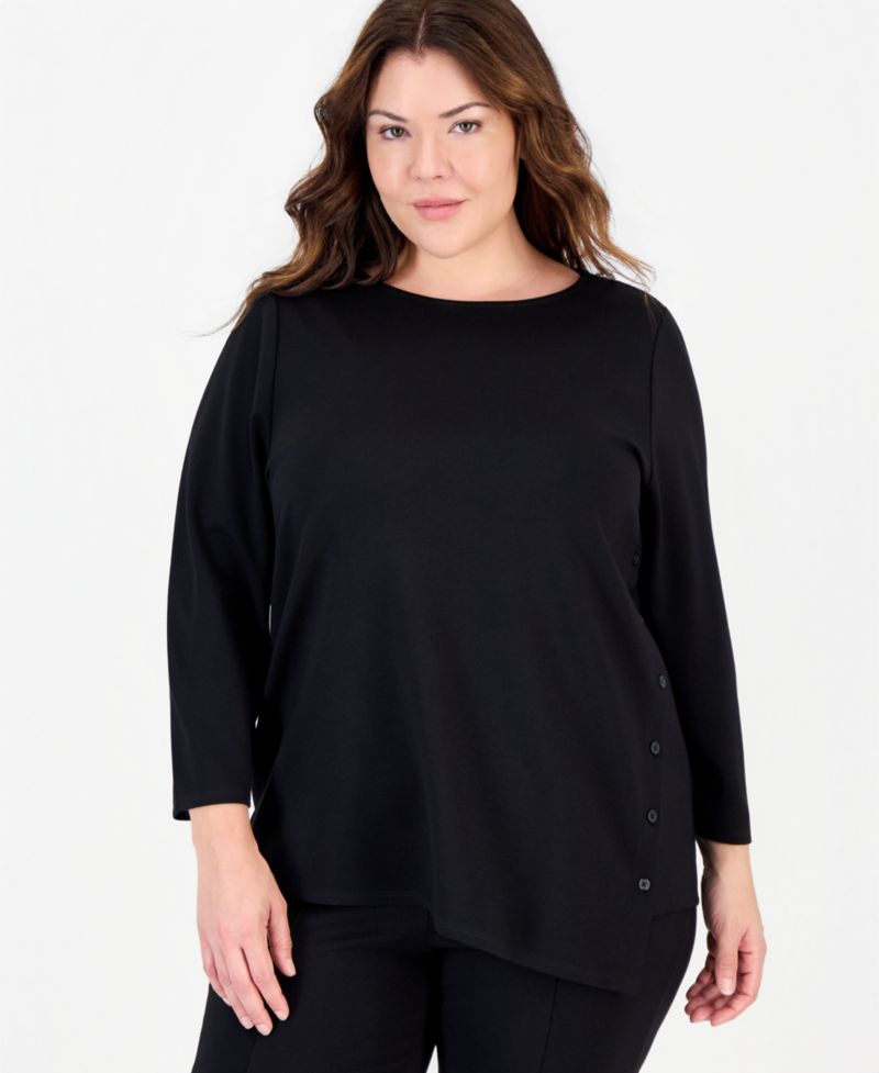 Plus Size Asymmetrical Button Serenity Knit 3/4-Sleeve Boat-Neck Tunic