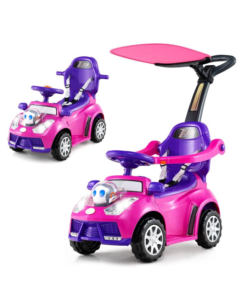 3-in-1 Sliding Walker w/ Adjustable Canopy Horn Music & Light for Boys & Girls