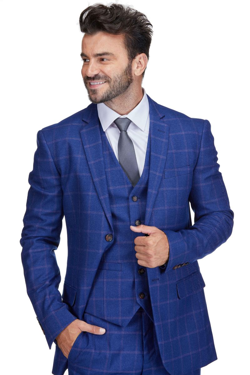 Men's 3-Piece Windowpane Plaid Slim Fit Suit