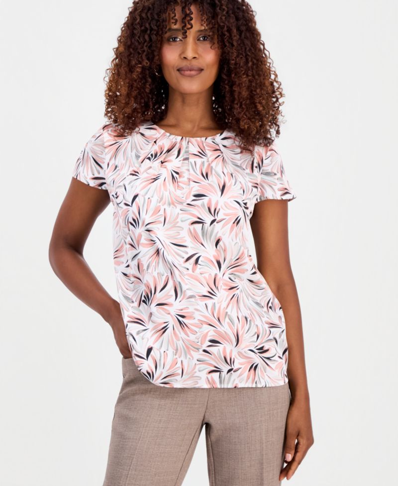 Women's Printed Pleated-Neck Cap-Sleeve Top