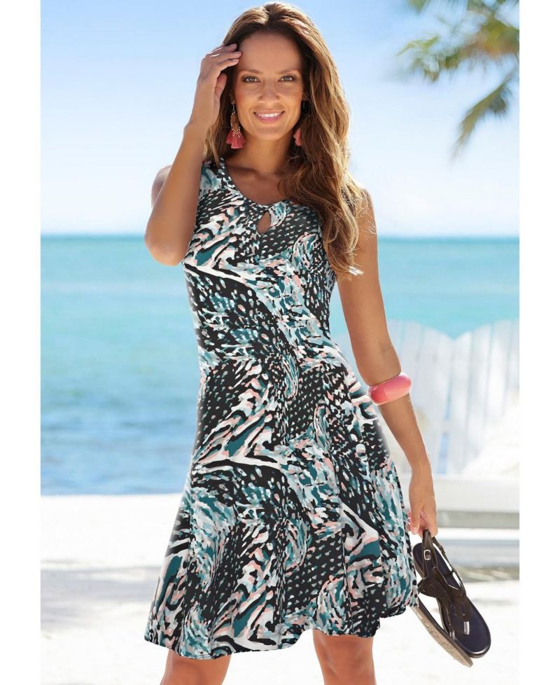 Women's Viscose Printed Keyhole Fit-and-Flare Short Dress