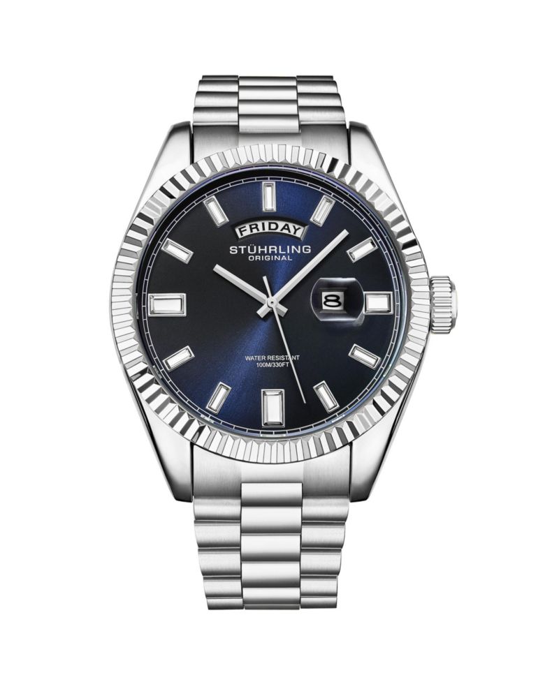 Statesman 4070 Men s Watch – Stainless Steel Bracelet, Blue Dial, Day-Date Quartz, 42mm Fluted Bezel