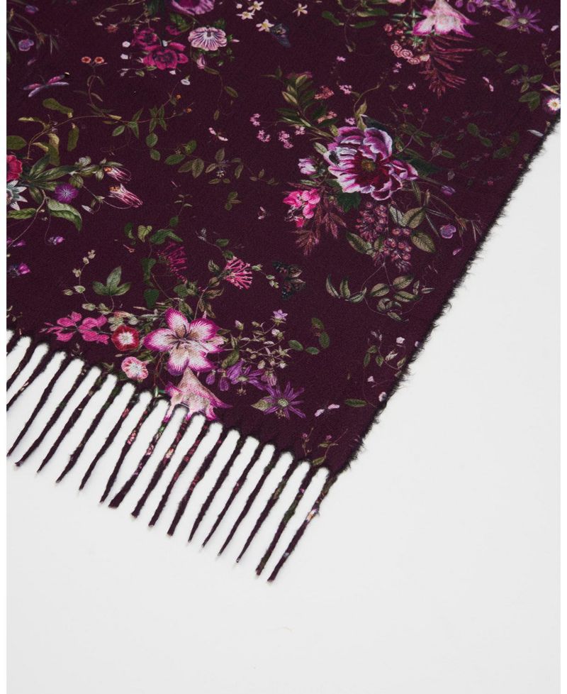 Women's Eve Floral Long Fringed Scarf in Burgundy