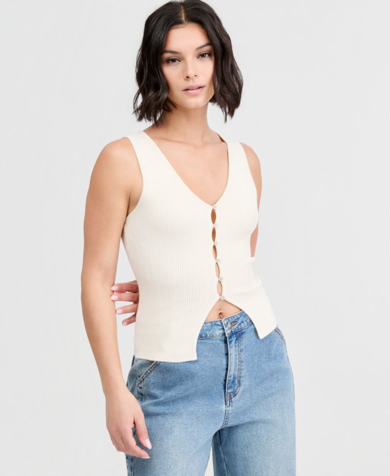 Women's Ribbed Button-Front Top
