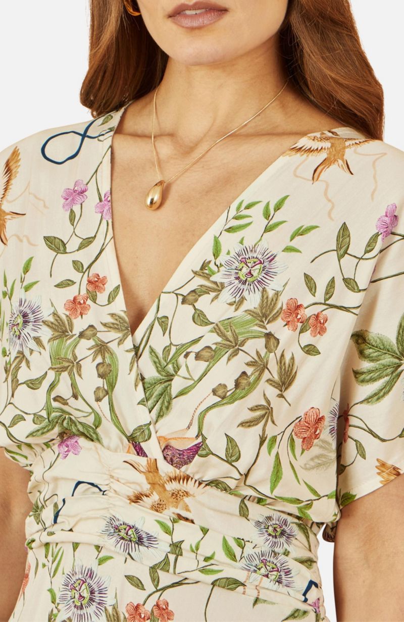 Women's Floral Print Ruched Waist Midi Dress