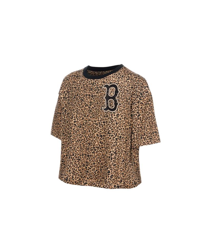 Women's Brown Boston Red Sox Leopard Boxy Cropped T-Shirt