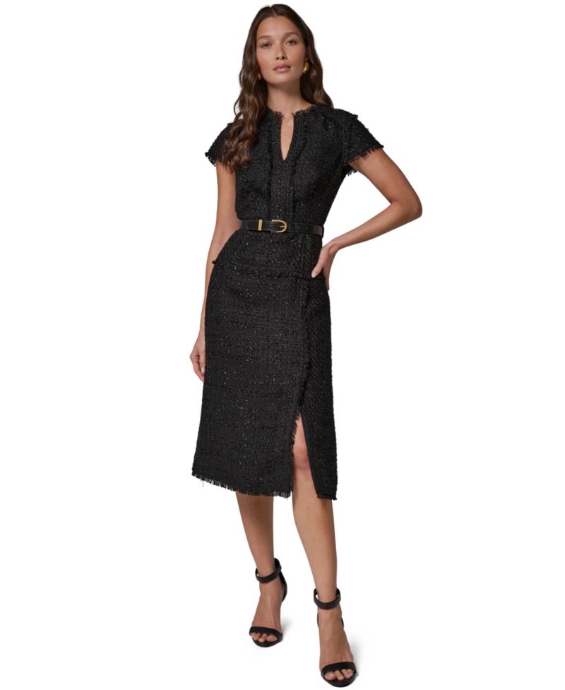 Women's Belted Split-Neckline Tweed Midi Dress