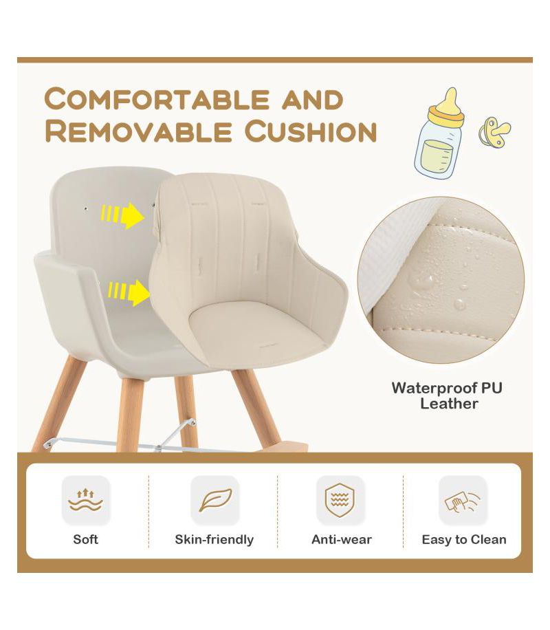 3 in 1 Convertible Wooden High Chair with Soft Cushion for Babies