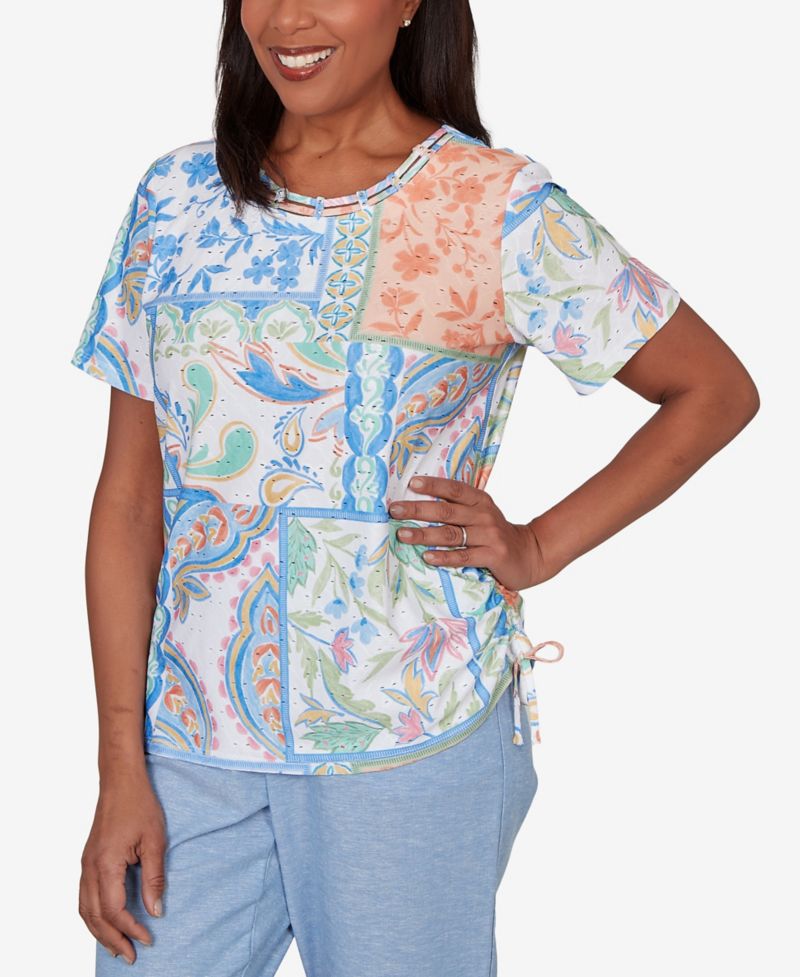 Petite Caribbean Blues Patchwork Scroll Side Tie Ruched T-Shirt