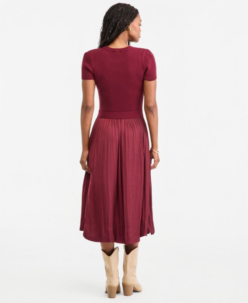 Women's Short-Sleeve Midi Mixed-Media A-Line Dress