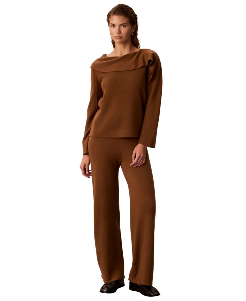 Petite Asymmetrical Drape Boat Neck Long-Sleeve Sweater