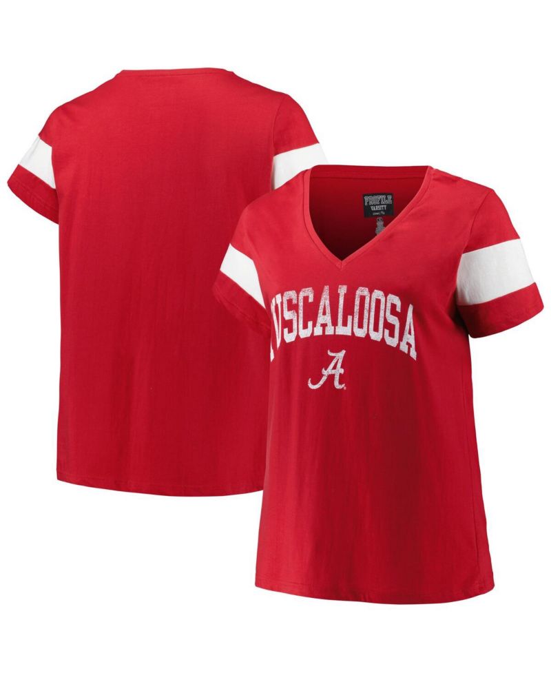 Women's Heather Crimson Alabama Crimson Tide Plus Size Arched City Sleeve Stripe V-Neck T-Shirt