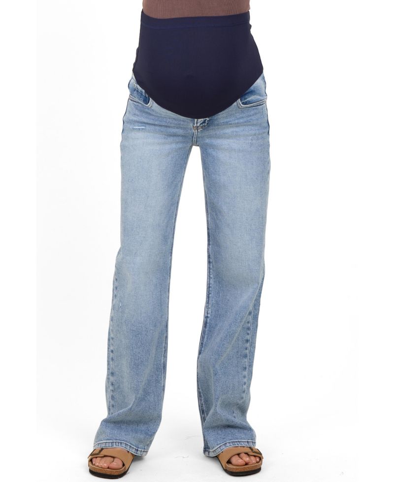Women's Blue Lightly Distressed Wide Leg Jeans