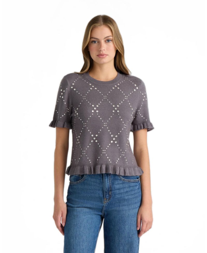 Women's Short-Sleeve Crewneck Ruffled Sweater