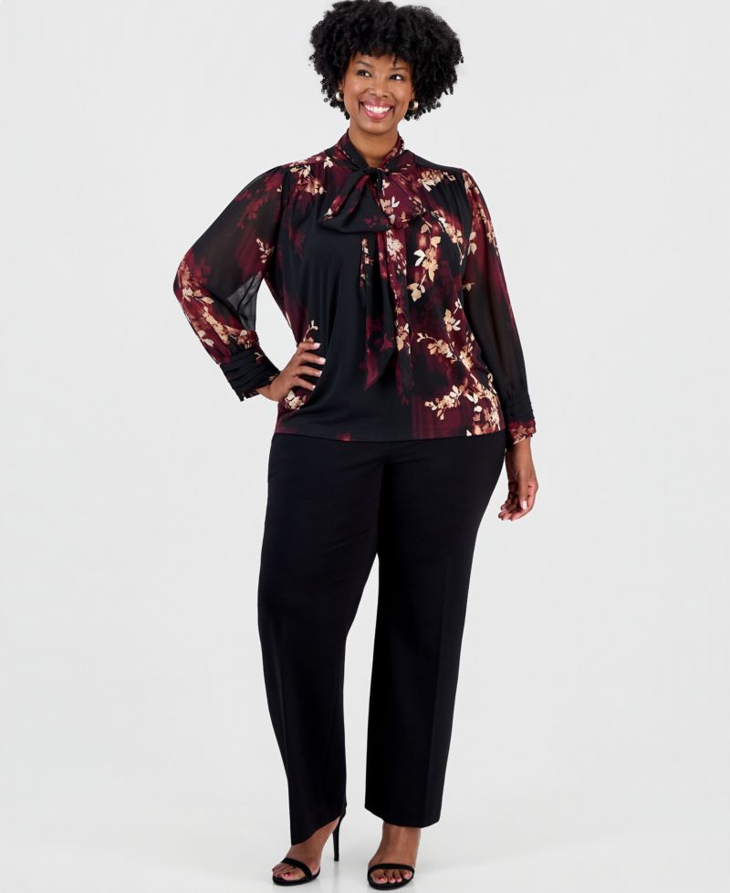 Plus Size Long Sleeve Tie Neck Floral Blouse