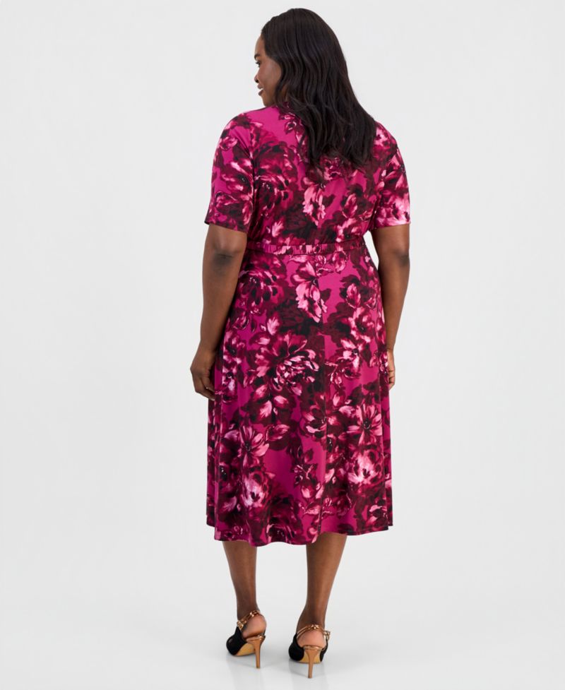 Plus Size Pleated Belted Fit & Flare Dress