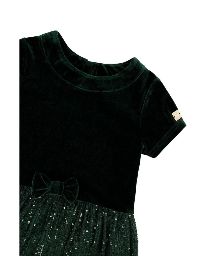 Girls (6-14) Bi-Material Short Sleeve Dress with Glittering Skirt
