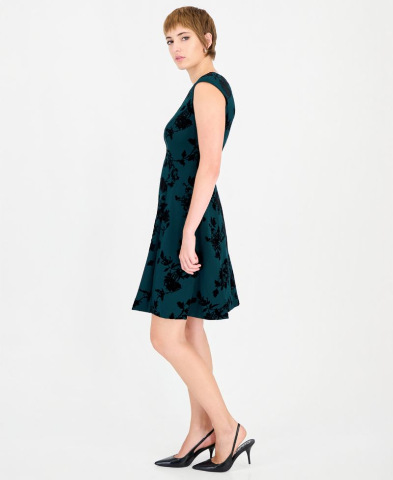 Women's Velvet-Floral A-Line Crewneck Dress