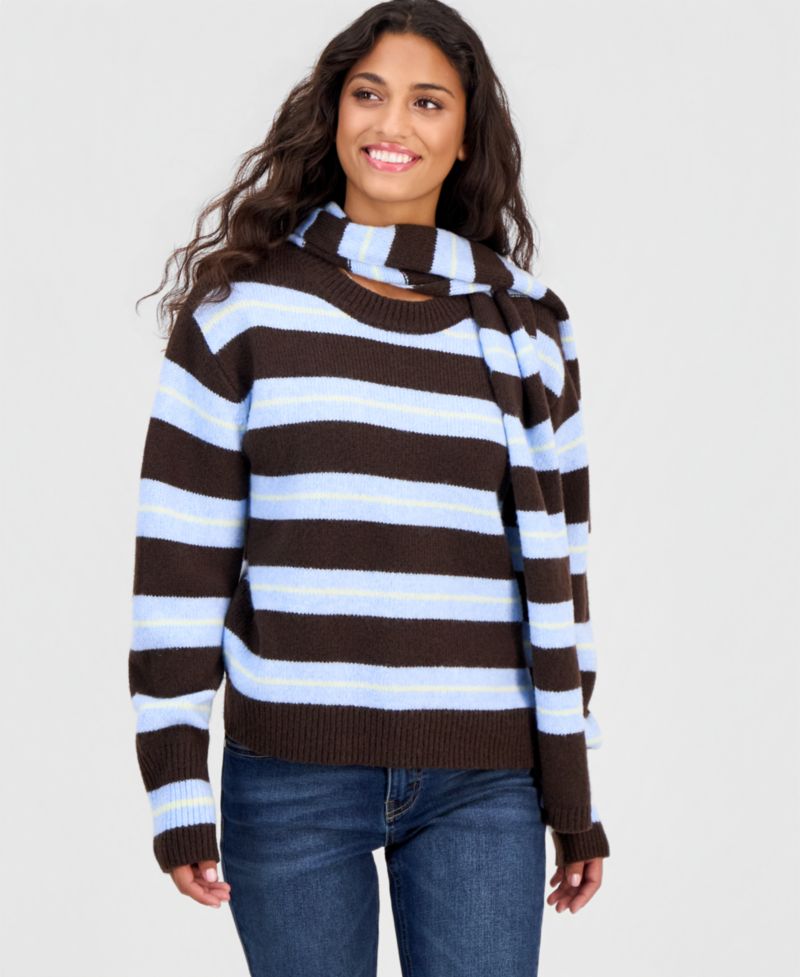 Juniors' Oversized Stripe Long-Sleeve Crewneck Pullover with Matching Scarf