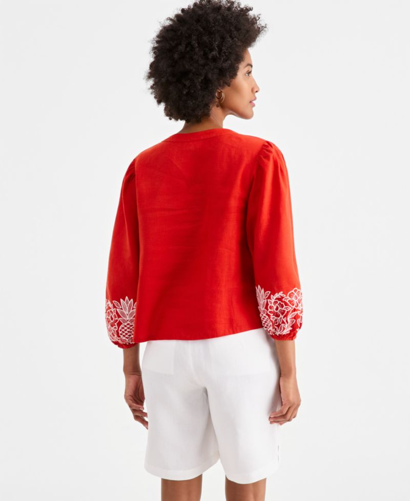 Women's Embroidered Blouson-Sleeve 100% Linen Blouse