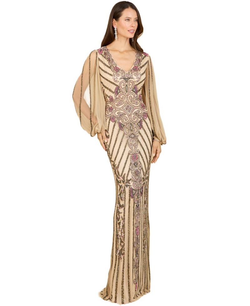 Women's Long Flutter Sleeves Beaded Dress