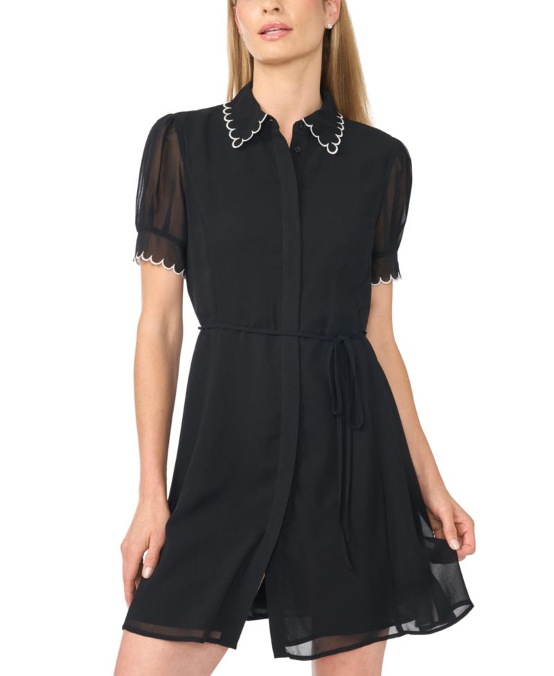 Women's Contrast Stitch Short-Sleeve Scallop Mini Dress With Tie Waist