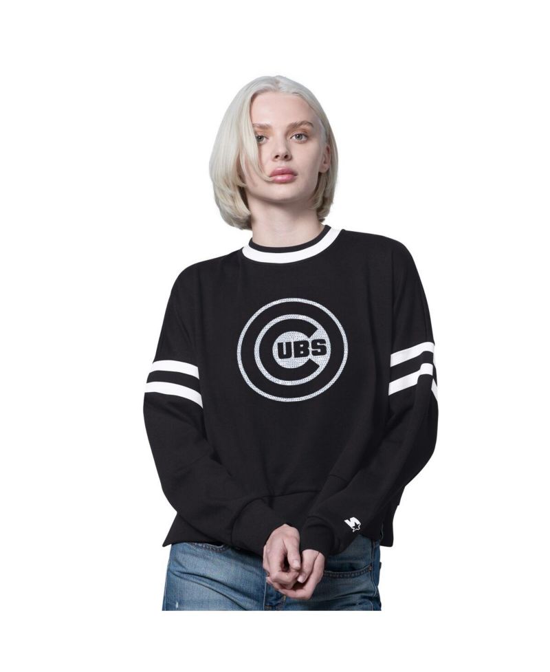 Women's Black Chicago Cubs Rally Cropped Drop Shoulder Crewneck Sweatshirt