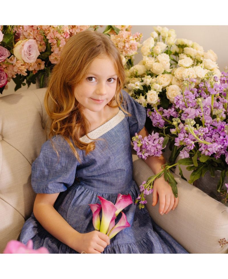 Toddler Girls Hope and Henry Short Bubble Sleeve Crochet Trim Chambray Dress