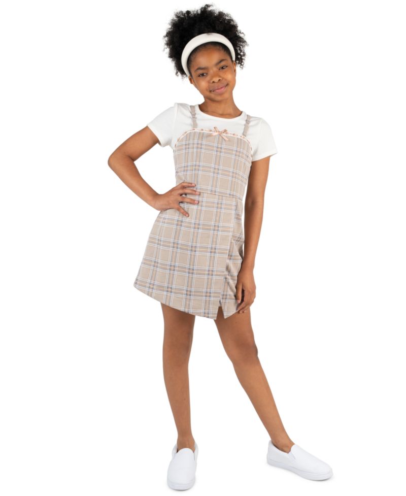 Girls' 7-16 Short-Sleeve T-Shirt and Plaid Woven Overlap Skirt Romper, 2-Piece Set