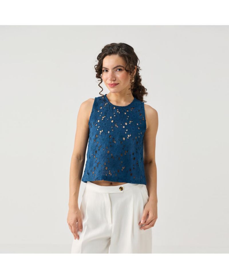 Women's Embroidered Sleeveless Button-Back Top