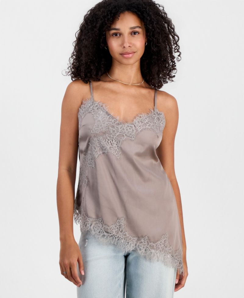 Juniors' Satin Lace-Trim Asymmetric Cami