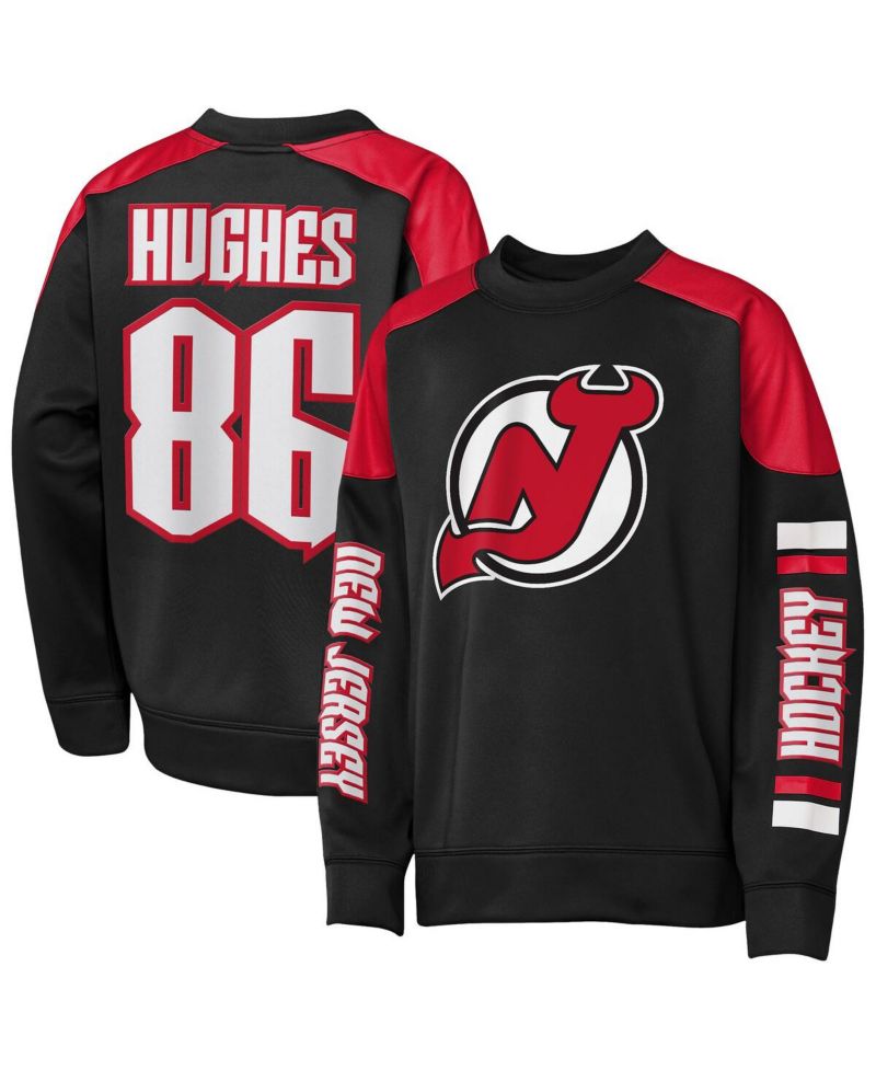 Big Boys and Girls Jack Hughes Black New Jersey Devils Best Defense Name & Number Crewneck Sweatshirt