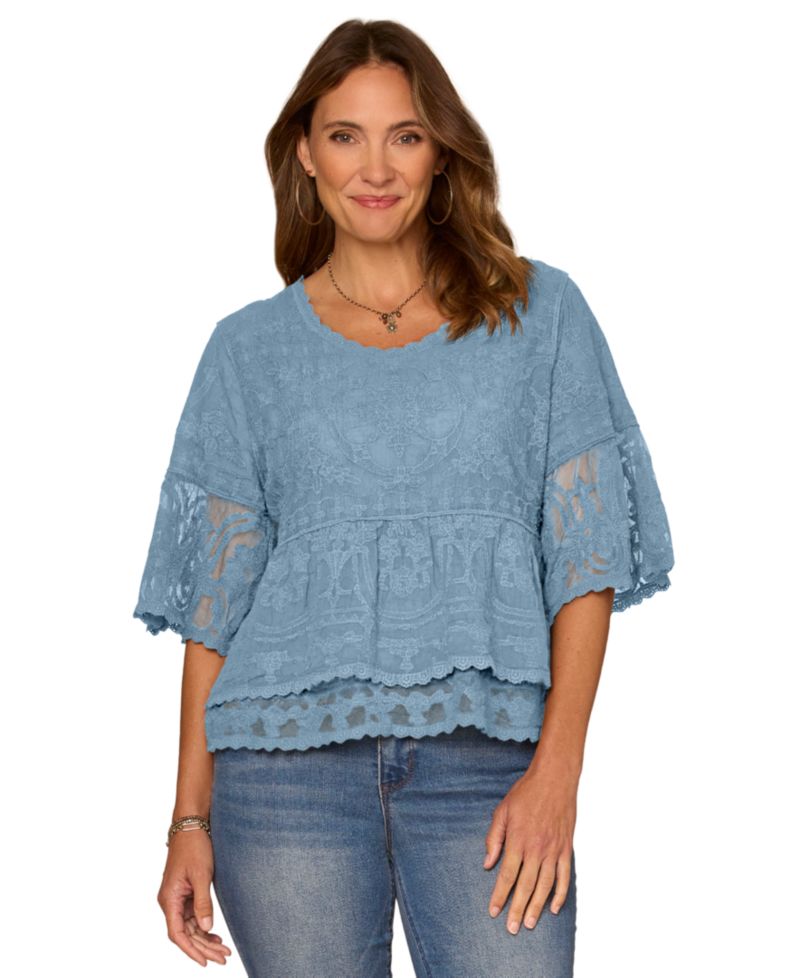 Petite 3-4 Bell Sleeve Lace Peplum Top