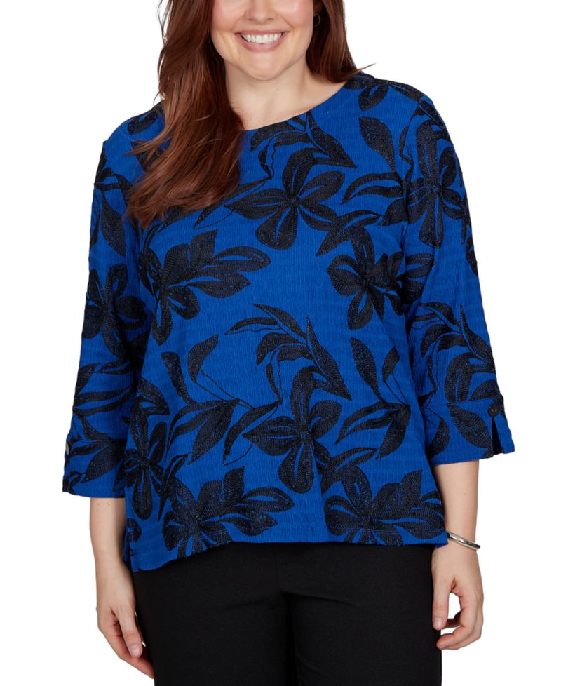 Petite Floral 3/4-Sleeve Crewneck Blouse