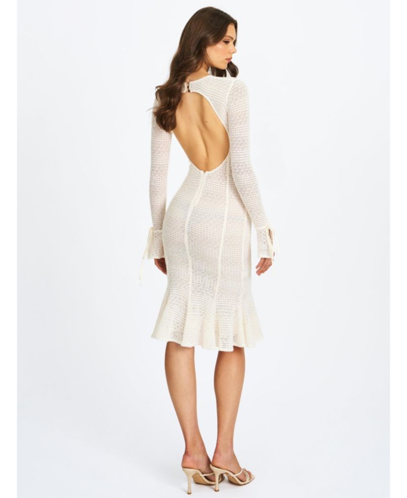 Women's Pamina Beige Crochet Long Sleeve Flare Mermaid Dress
