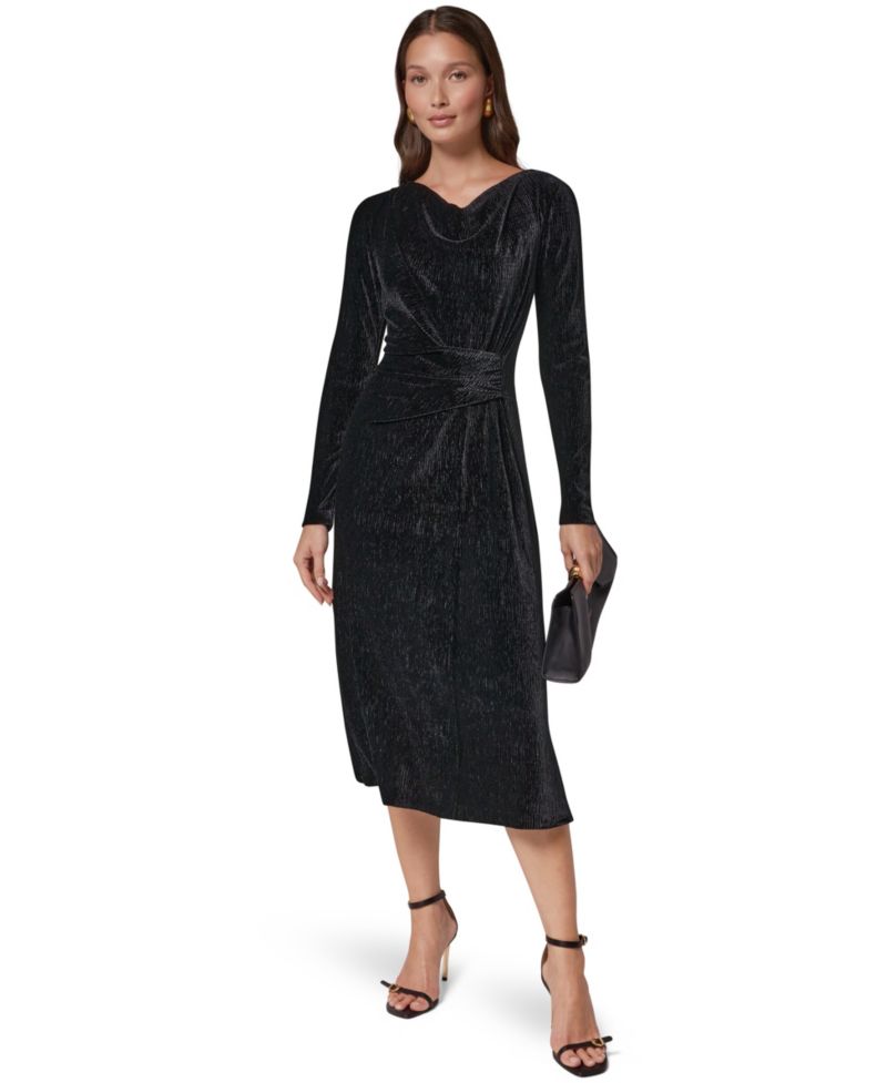 Women's Cowl-Neck Long-Sleeve Velvet A-Line Dress