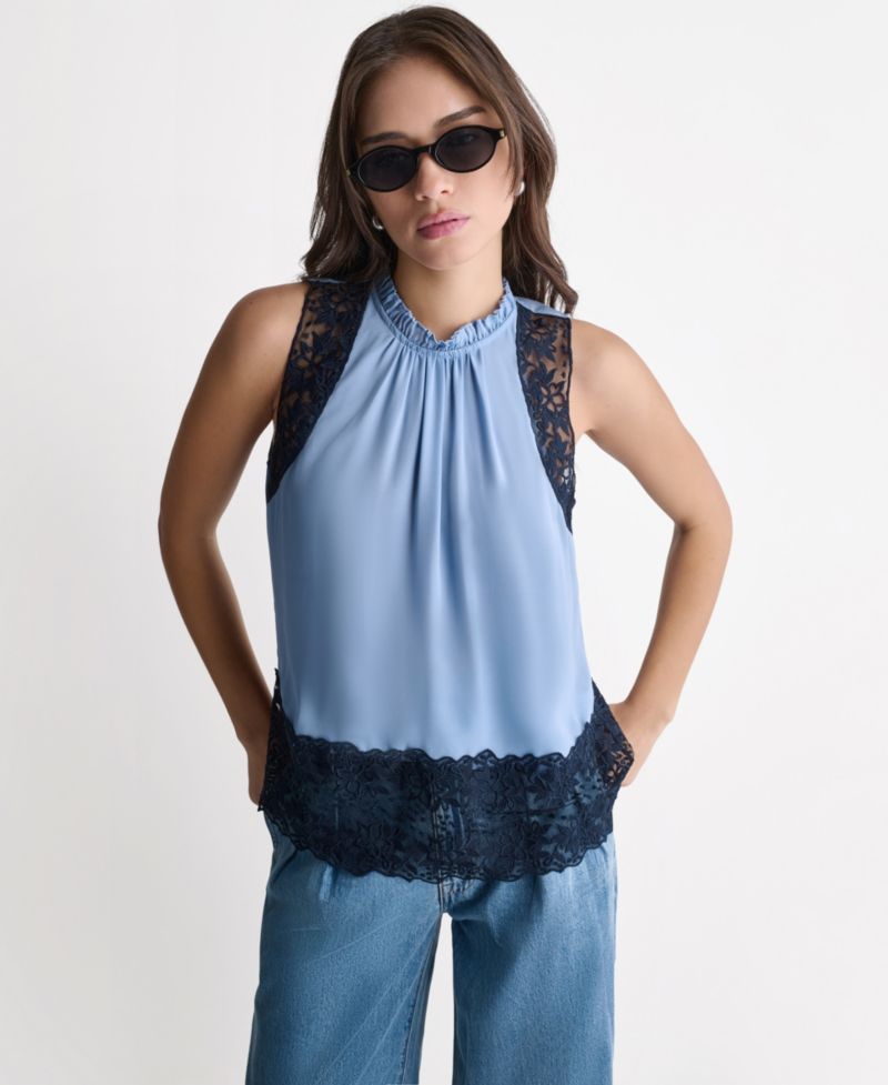 Women's High-Neck Sleeveless Lace Combo Woven Top