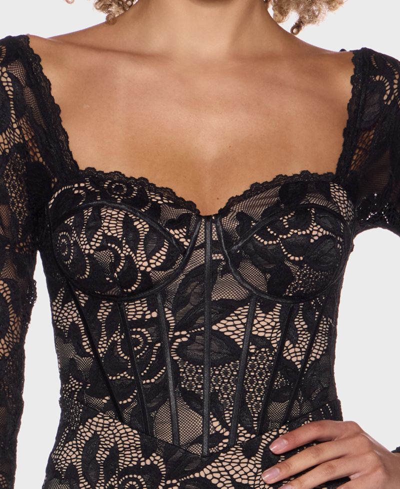 Juniors' Lace Corset Bodice Sheer Long-Sleeve Dress