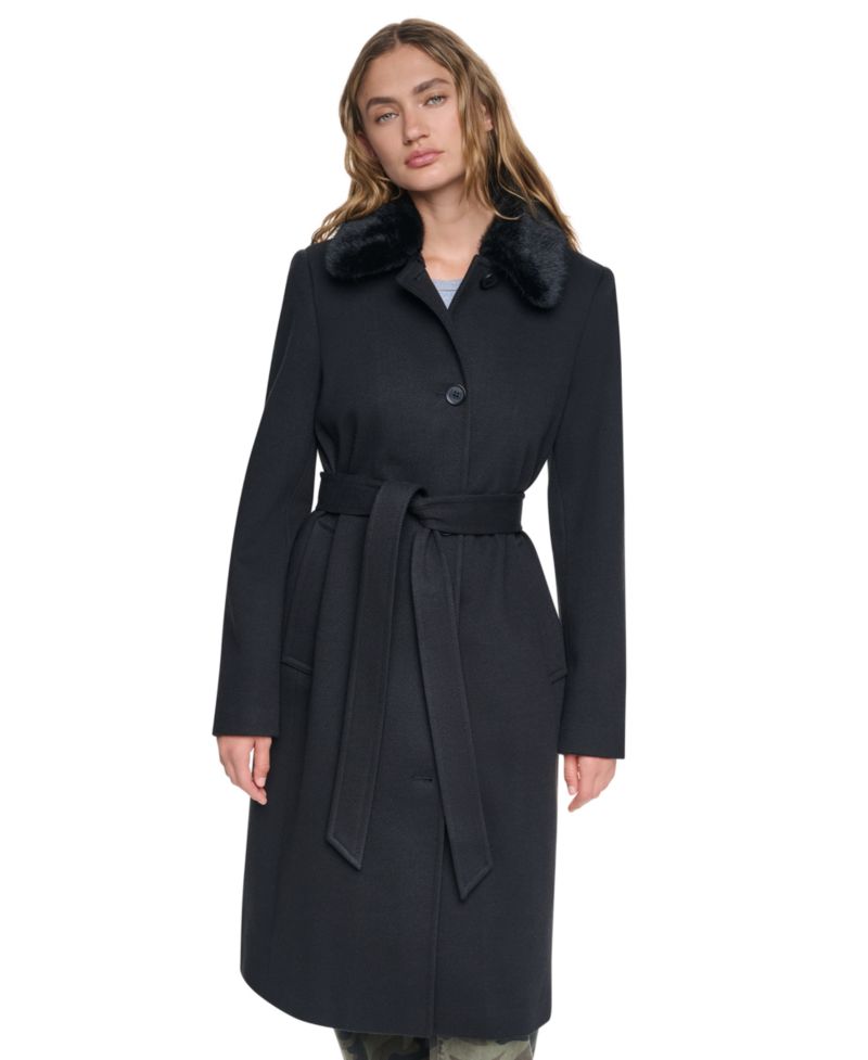 Women's Faux-Fur Collar Belted Single-Breasted Coat