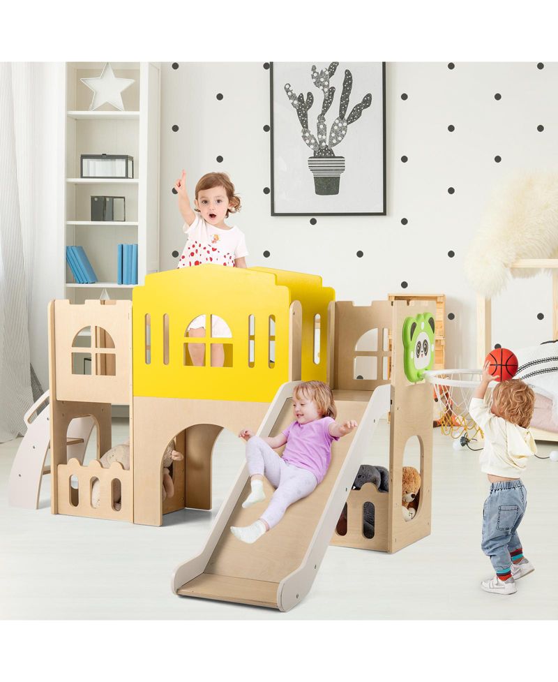Kids 7-in-1 Slide Playset with Climber and Basketball Hoop