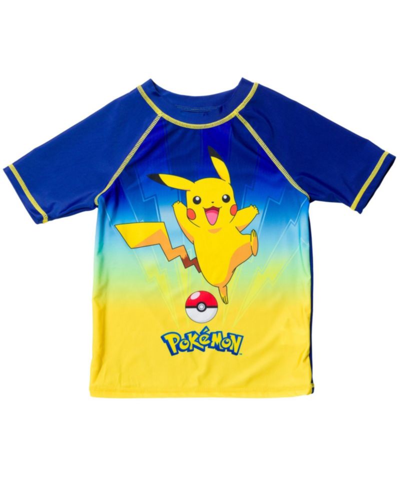 Boys Pikachu UPF 50+ Rash Guard Swim Trunks Outfit Set to