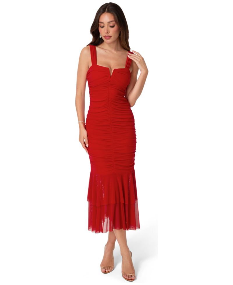Women's V-Neck Ruched Mesh Midi Dress