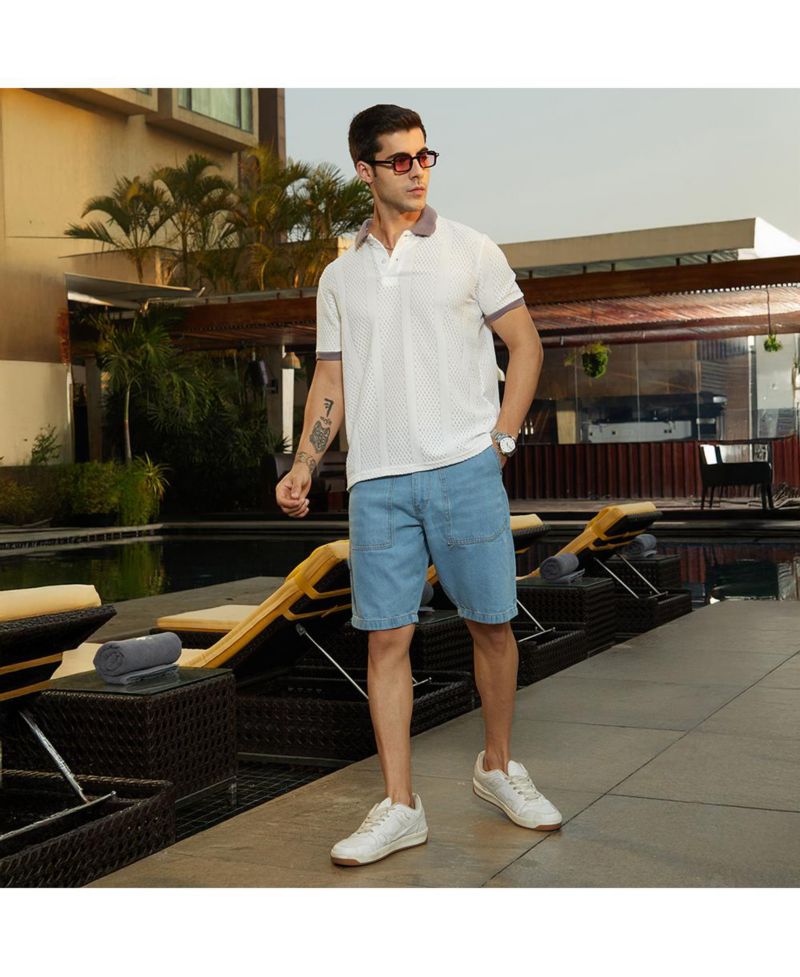 Men's Chalk White and Pastel Purple Contrast Open-Knit Polo T-Shirt