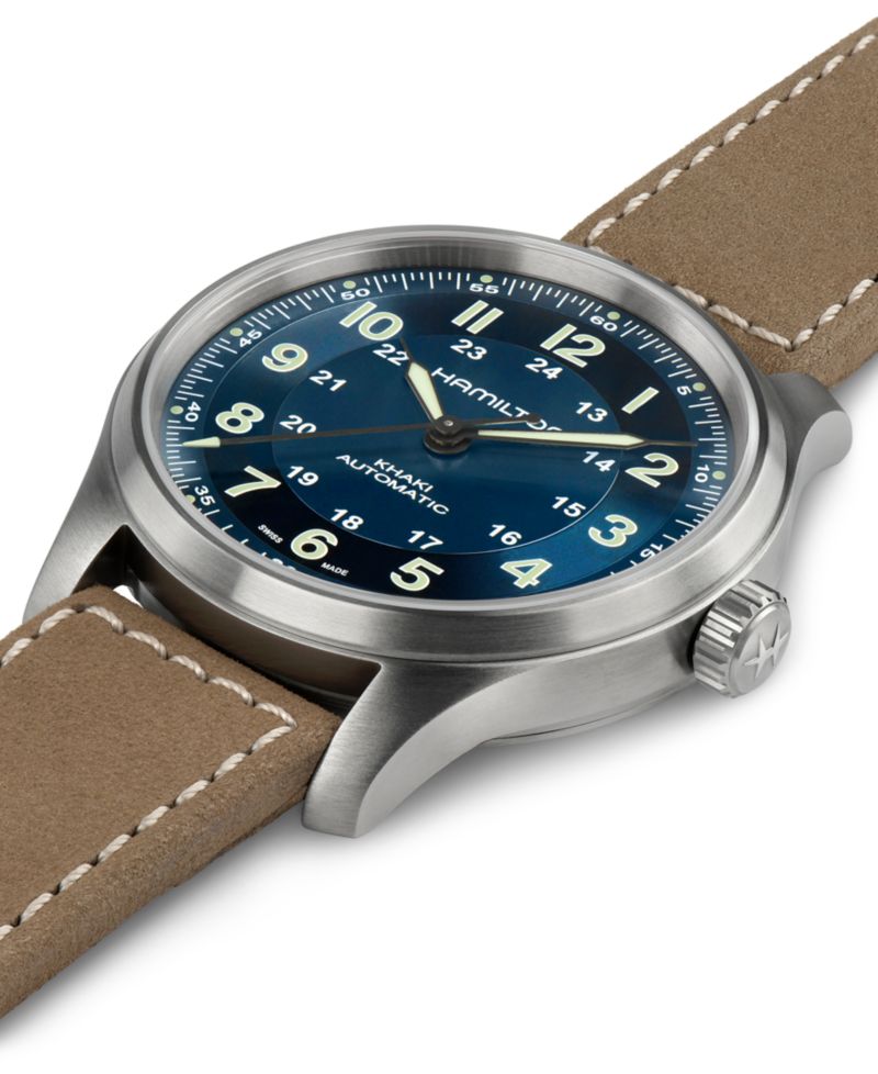 Men's Swiss Automatic Khaki Field Brown Leather Strap Watch 42mm