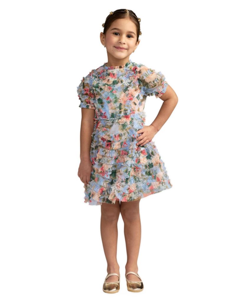 Girls Floral Mesh Tiered Ruffle Puff Sleeve Party Dress