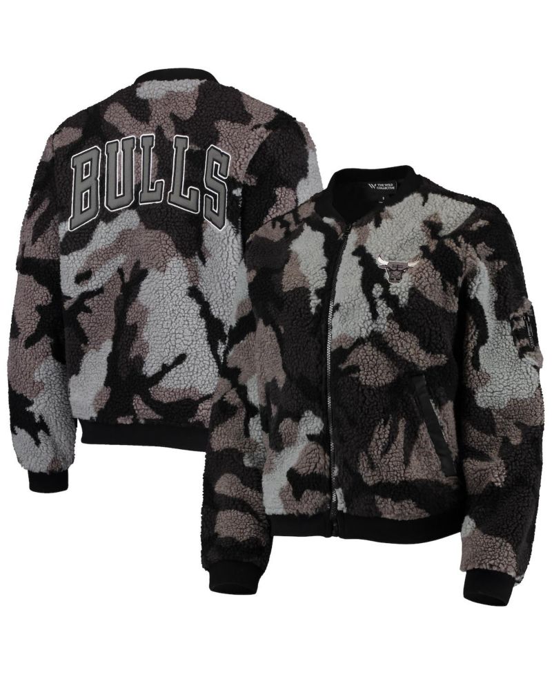Women's Black Chicago Bulls Camo Sherpa Full-Zip Bomber Jacket