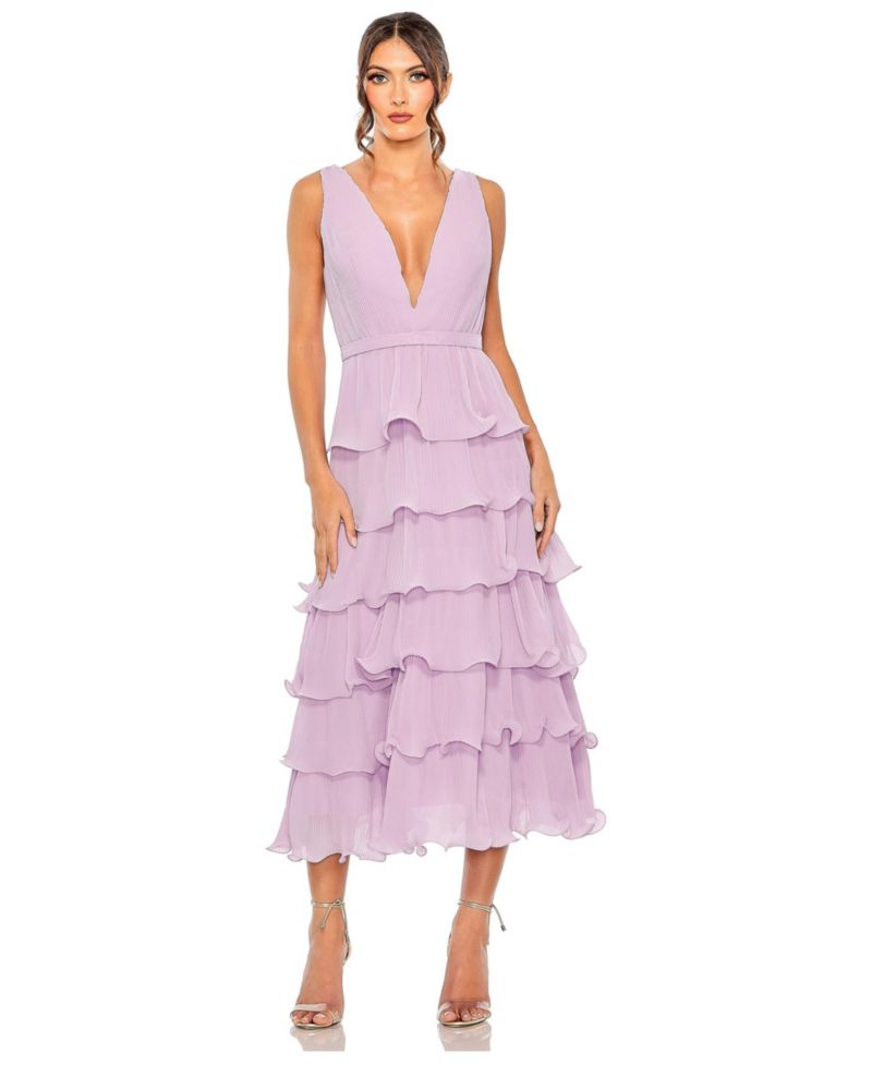 Women's Deep V Chiffon Sleeveless Ruffle Midi Dress