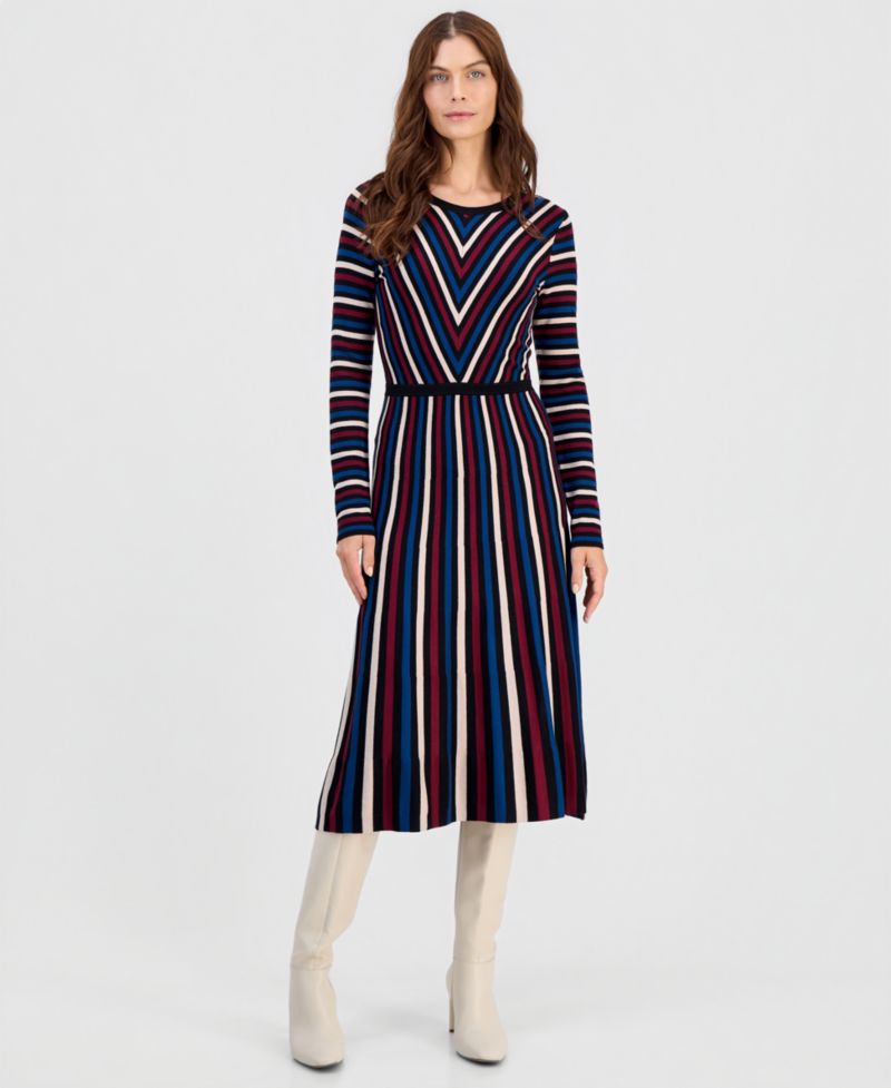 Women's Multicolor Striped Long-Sleeve Midi Dress