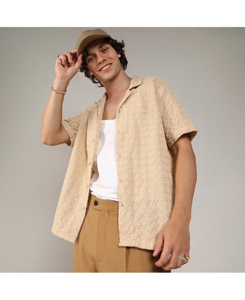 Men's Beige Embroidered Flora Shirt