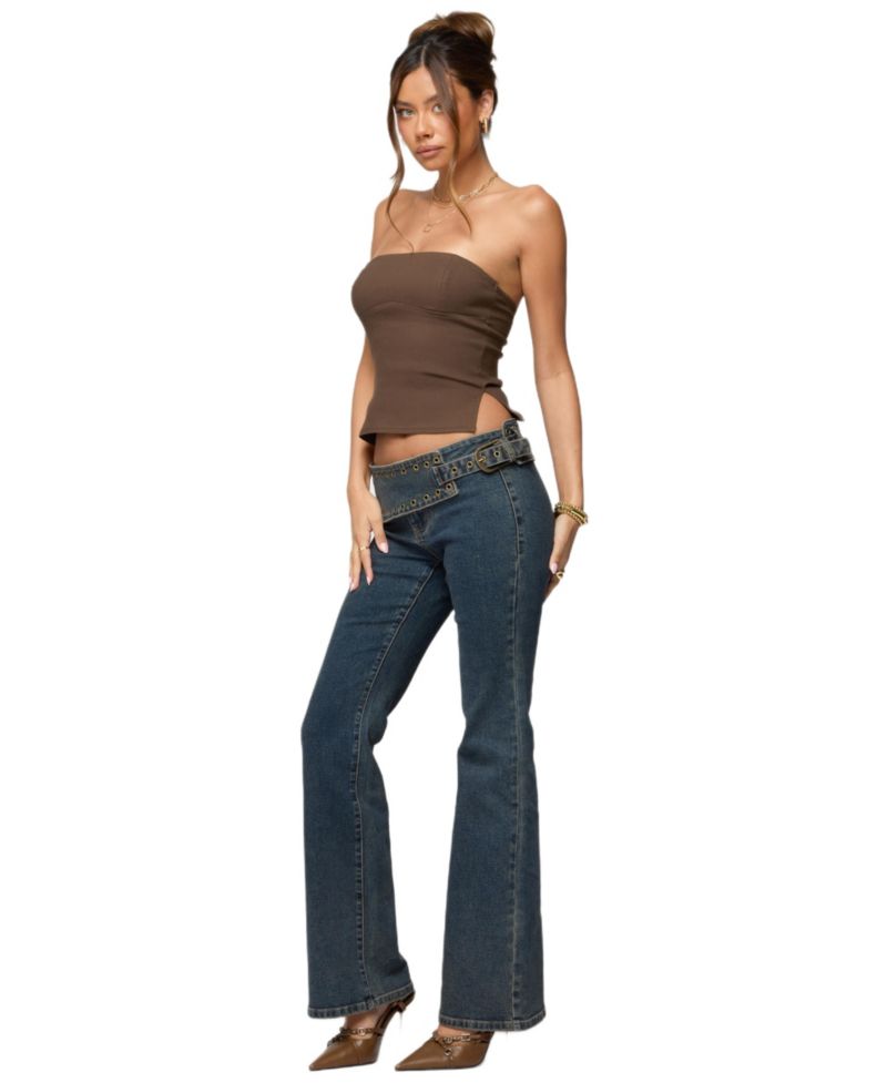Women's Asymmetric Grommet Belt Low Rise Flared Jeans